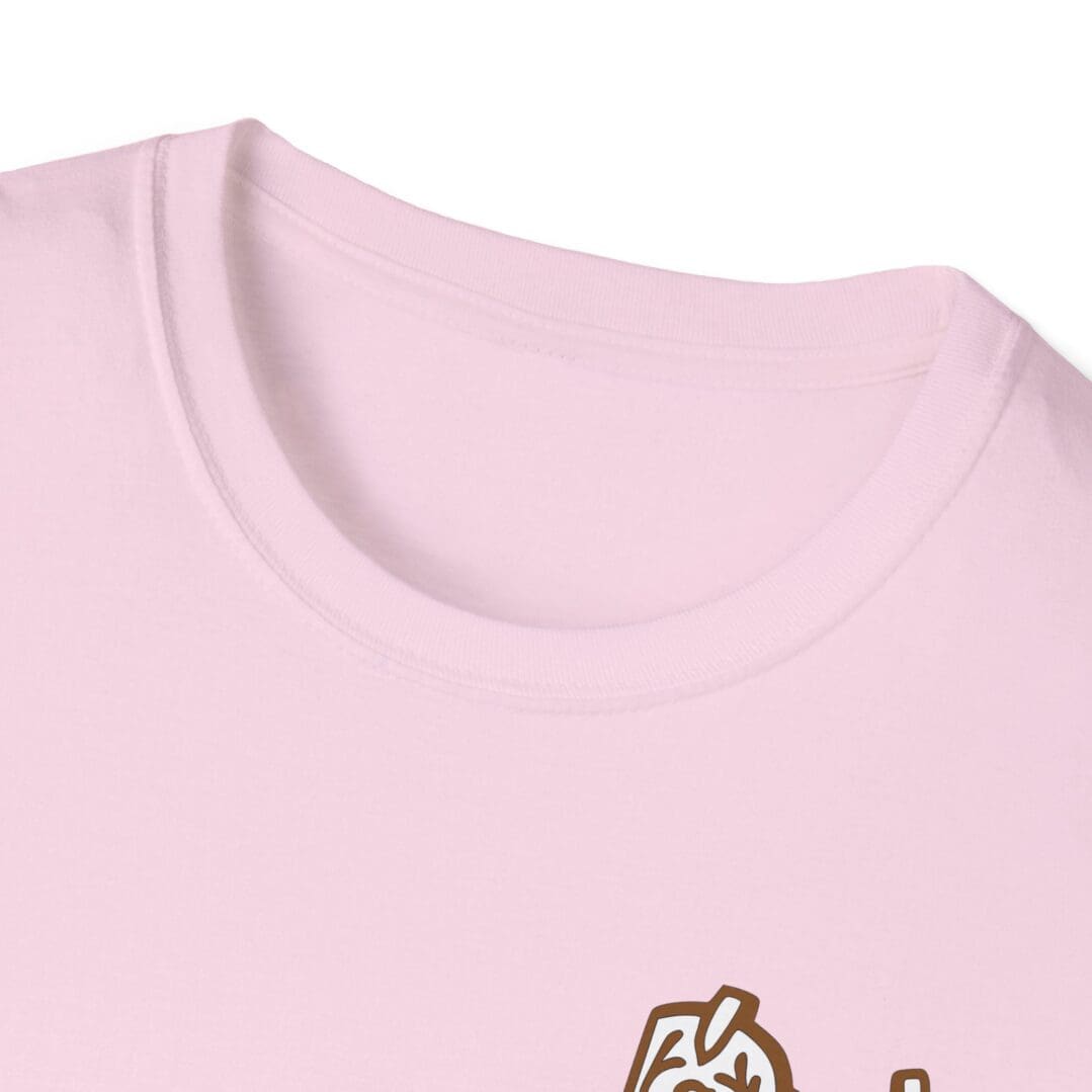 Pink t-shirt with partial brown design.