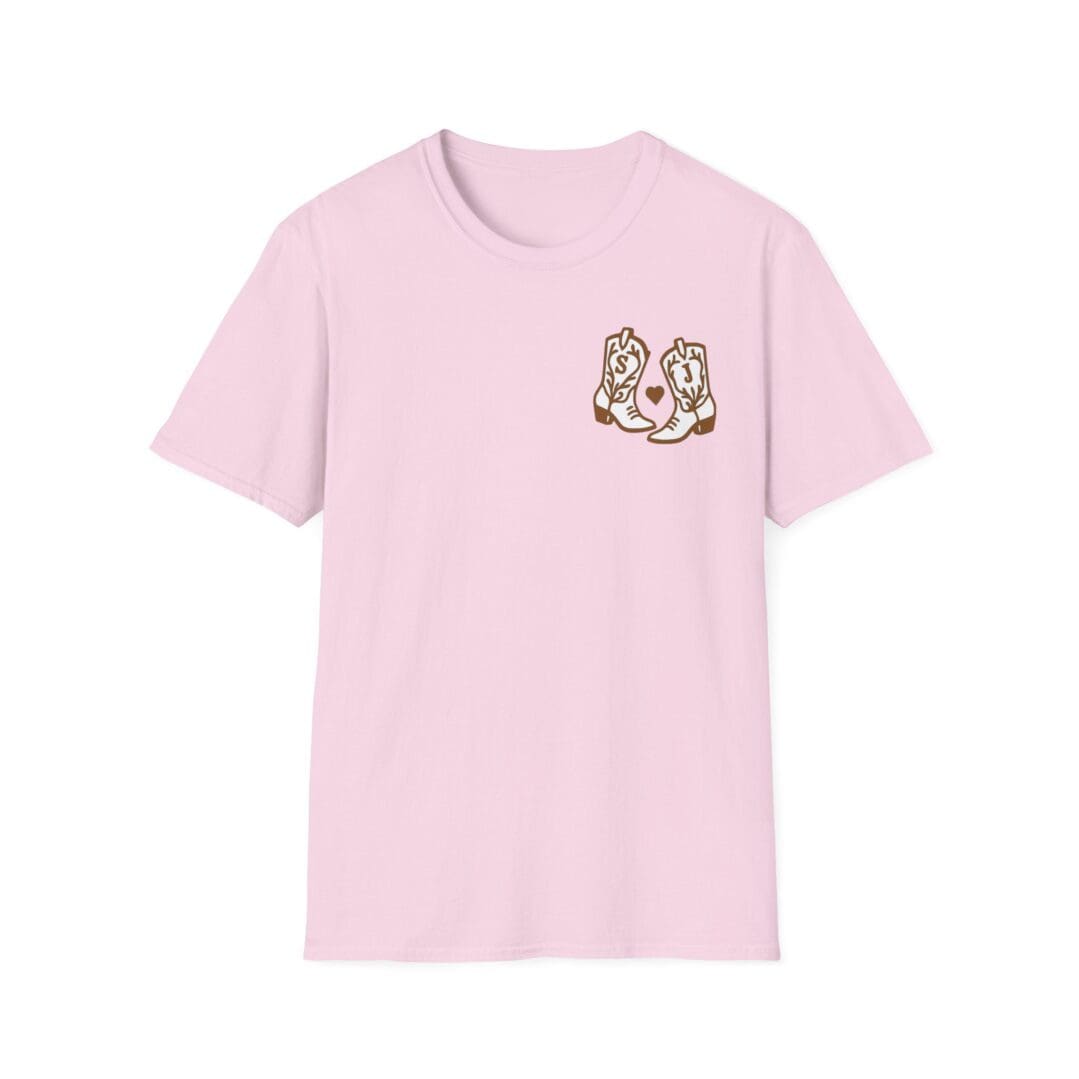 Pink t-shirt with cowboy boots design.