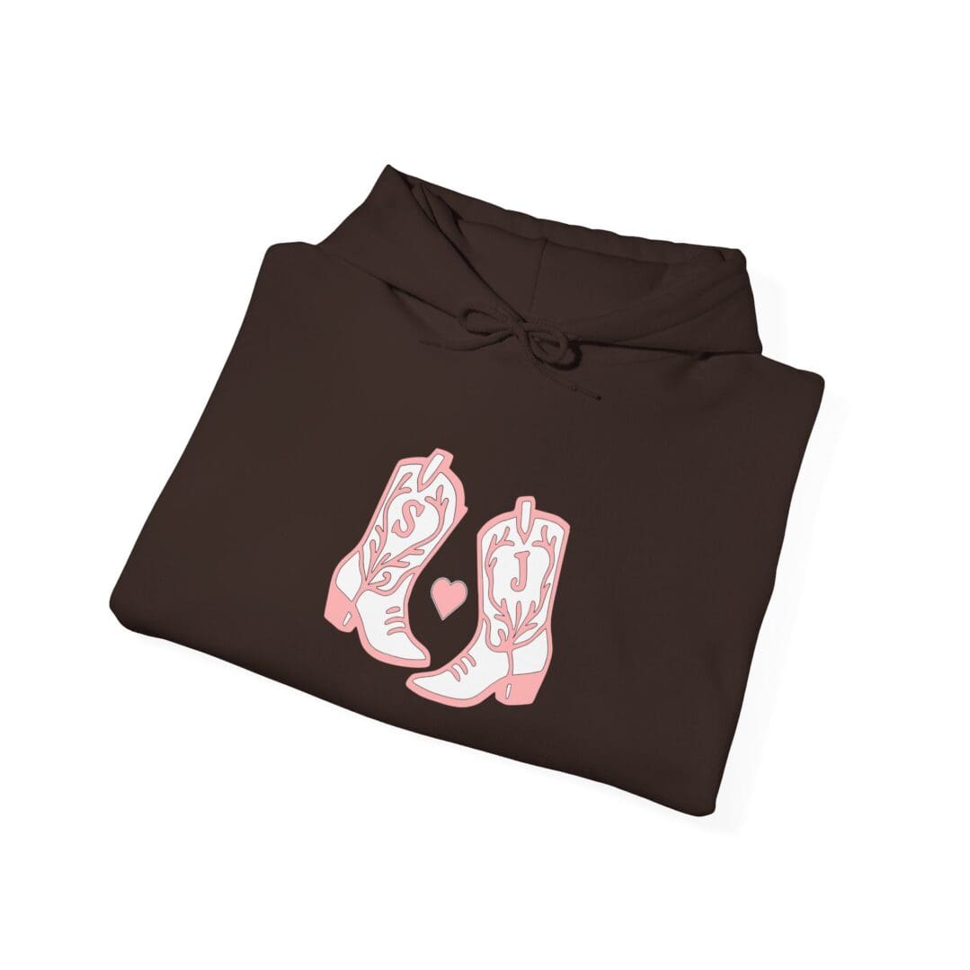 Brown hoodie with pink cowboy boots design.