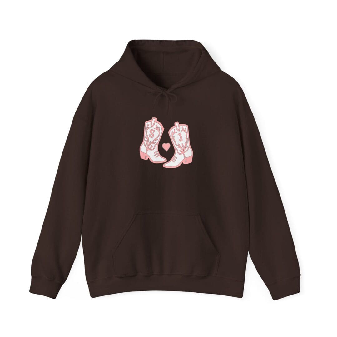Brown hoodie with pink cowboy boots graphic.